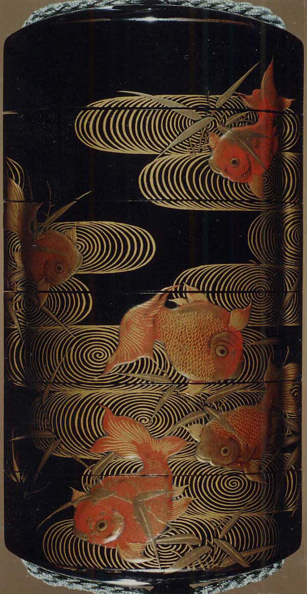 Case (Inrō) with Design of Goldfish and Reed with Wave Pattern, Lacquer, roiro, red and gold hiramakie; Interior: nashiji and fundame, Japan
