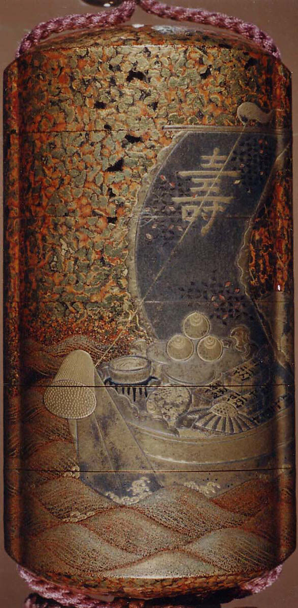 Case (Inrō) with Design of Treasure Boat on Waves (obverse); Crane in Flight and Tortoise on Rocks (reverse), Lacquer, nashiji, hirame, gold, silver, black and red hiramakie; Interior: gyobu nashiji and fundame, Japan