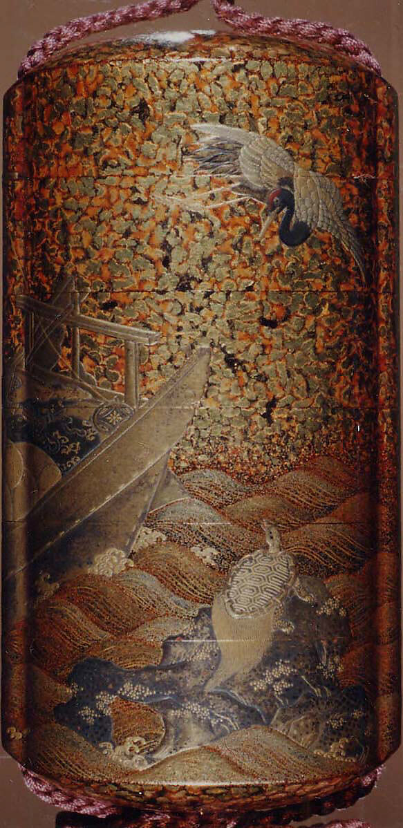 Case (Inrō) with Design of Treasure Boat on Waves (obverse); Crane in Flight and Tortoise on Rocks (reverse), Lacquer, nashiji, hirame, gold, silver, black and red hiramakie; Interior: gyobu nashiji and fundame, Japan