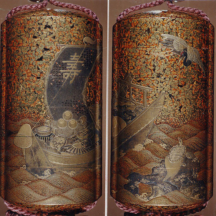 Case (Inrō) with Design of Treasure Boat on Waves (obverse); Crane in Flight and Tortoise on Rocks (reverse), Lacquer, nashiji, hirame, gold, silver, black and red hiramakie; Interior: gyobu nashiji and fundame, Japan 