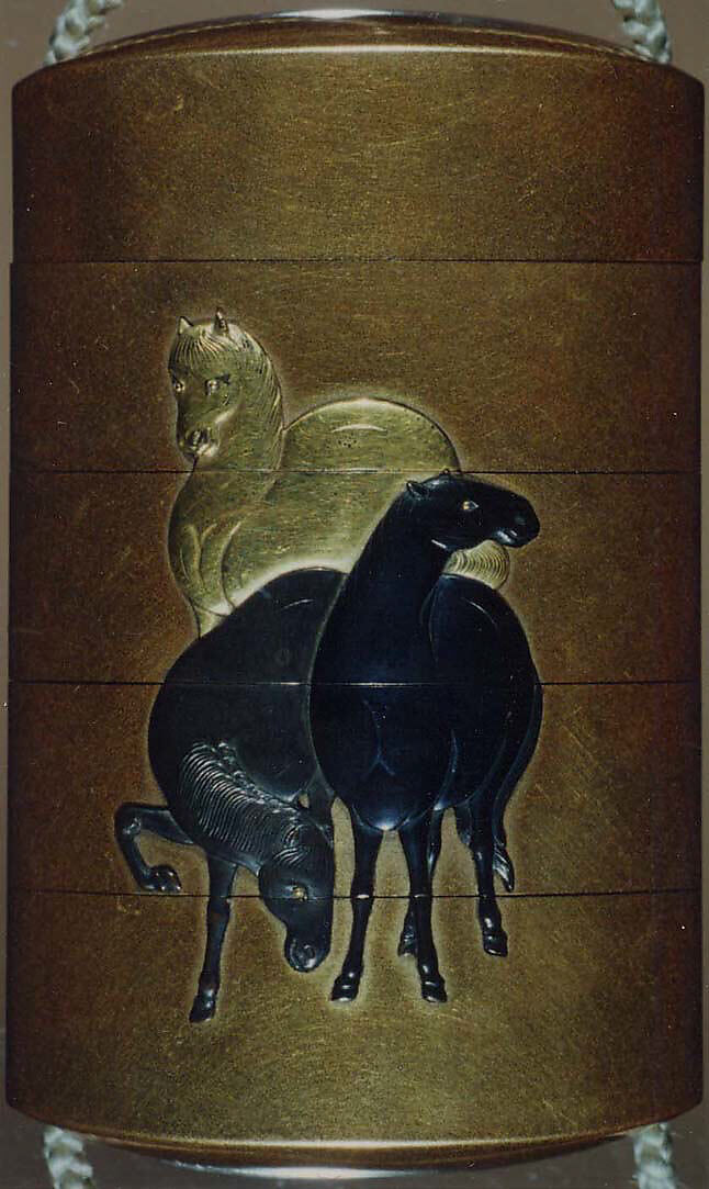 Case (Inrō) with Design of Three Horses Standing (obverse); Saddle Ends and Riding Whip (reverse), Kakōsai, Lacquer, kinji, gold and silver hiramakie, various metal inlay; Interior: nashiji and fundame, Japan
