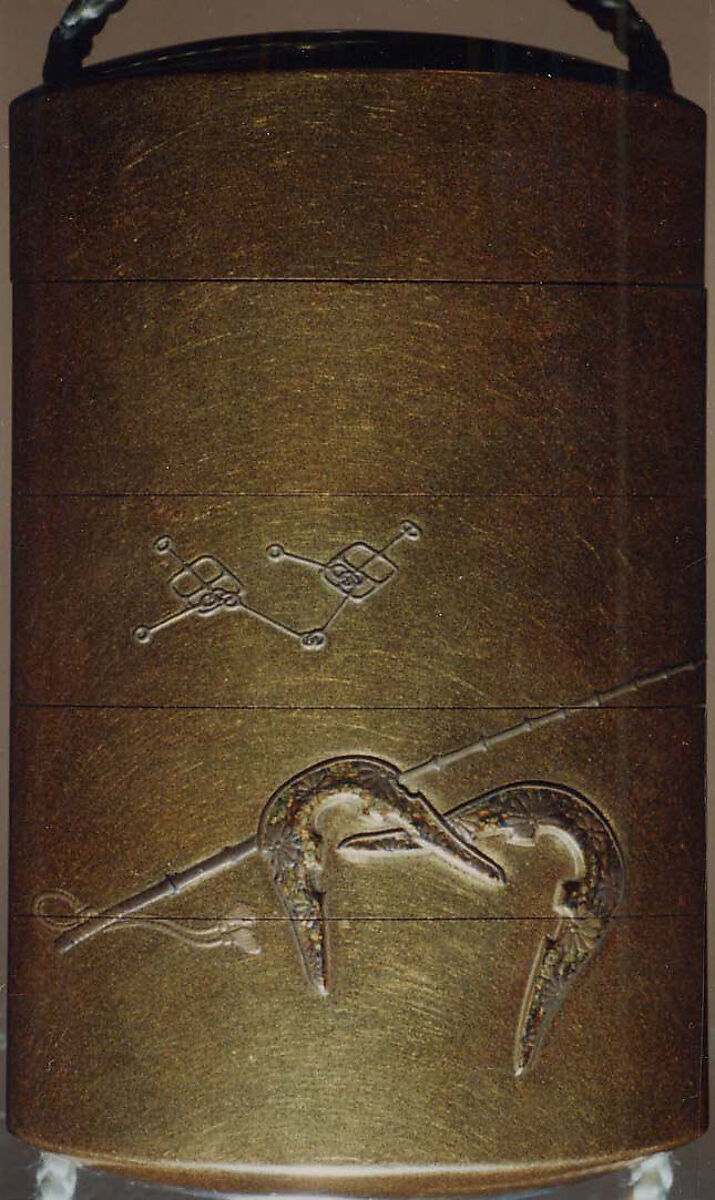 Case (Inrō) with Design of Three Horses Standing (obverse); Saddle Ends and Riding Whip (reverse), Kakōsai, Lacquer, kinji, gold and silver hiramakie, various metal inlay; Interior: nashiji and fundame, Japan