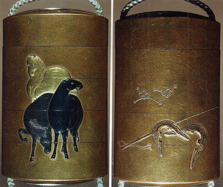 Case (Inrō) with Design of Three Horses Standing (obverse); Saddle Ends and Riding Whip (reverse), Kakōsai, Lacquer, kinji, gold and silver hiramakie, various metal inlay; Interior: nashiji and fundame, Japan 