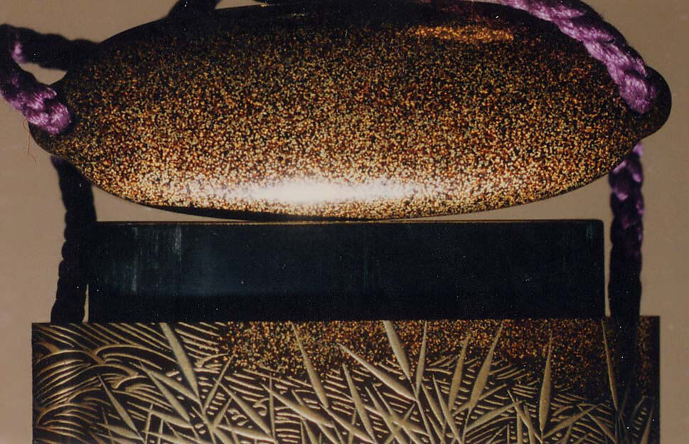 Case (Inrō) with Design of Fisherman, Boat, Reeds, and Stone Basket Breakwaters, Tsuchiya Yasuchika (Japanese), Gold maki-e with pewter, mother-of-pearl, and metal inlay; Ojime: cloisonné bead; Netsuke: carved wood creel with lacquer puffer fish, Japan