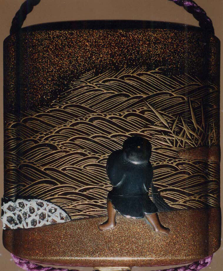 Case (Inrō) with Design of Fisherman, Boat, Reeds, and Stone Basket Breakwaters, Tsuchiya Yasuchika (Japanese), Gold maki-e with pewter, mother-of-pearl, and metal inlay; Ojime: cloisonné bead; Netsuke: carved wood creel with lacquer puffer fish, Japan