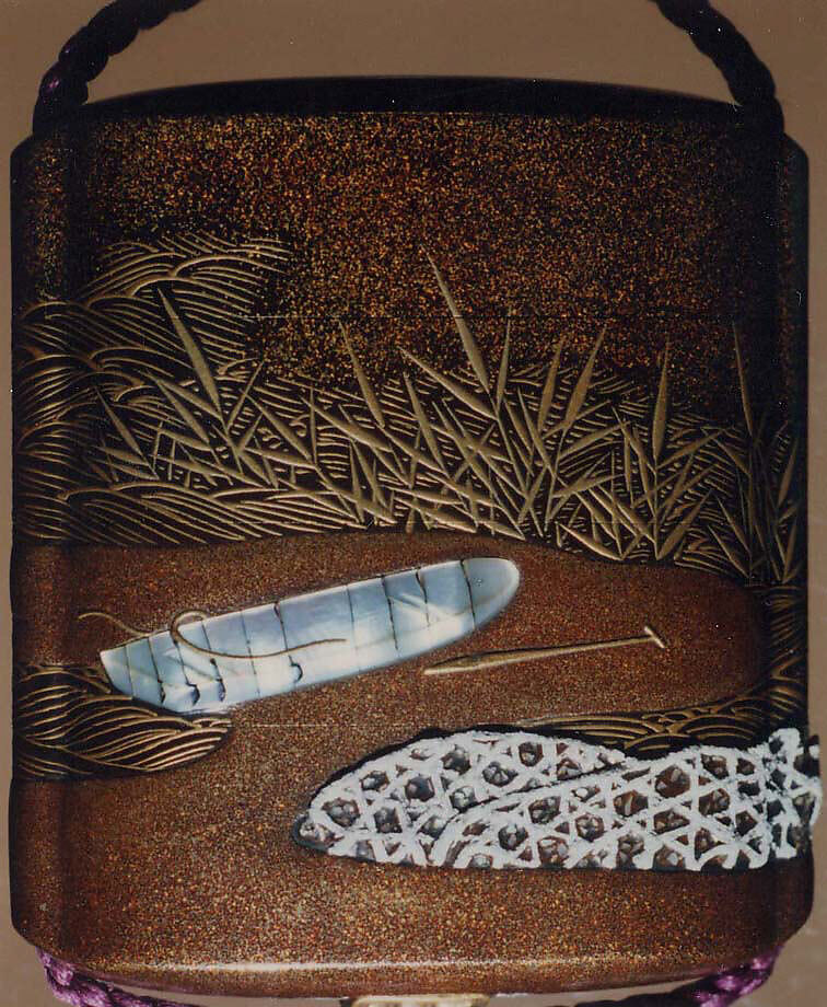 Case (Inrō) with Design of Fisherman, Boat, Reeds, and Stone Basket Breakwaters, Tsuchiya Yasuchika (Japanese), Gold maki-e with pewter, mother-of-pearl, and metal inlay; Ojime: cloisonné bead; Netsuke: carved wood creel with lacquer puffer fish, Japan