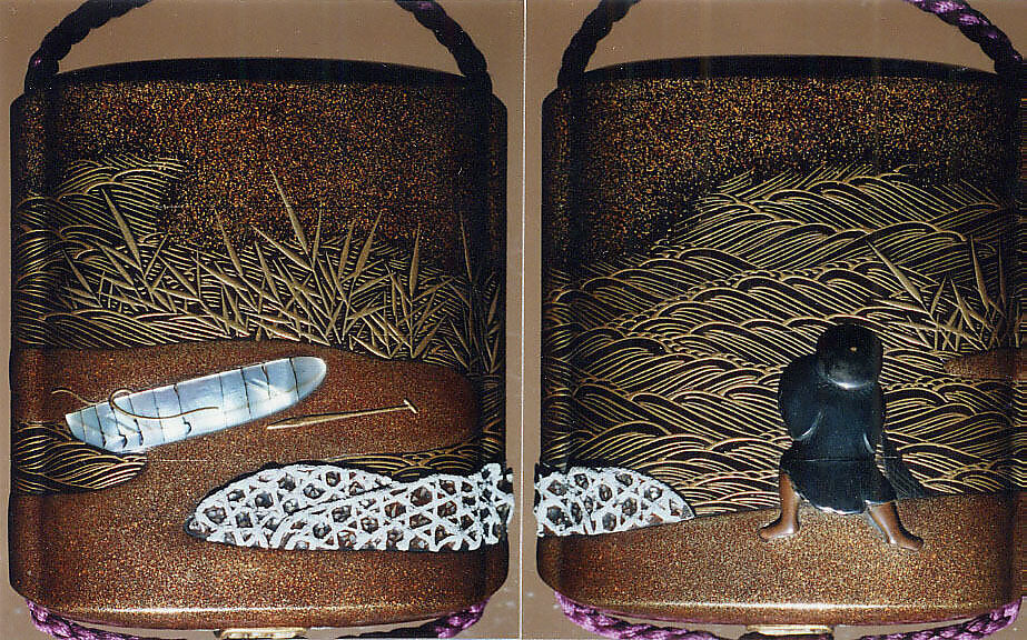 Case (Inrō) with Design of Fisherman, Boat, Reeds, and Stone Basket Breakwaters, Tsuchiya Yasuchika (Japanese), Gold maki-e with pewter, mother-of-pearl, and metal inlay; Ojime: cloisonné bead; Netsuke: carved wood creel with lacquer puffer fish, Japan 