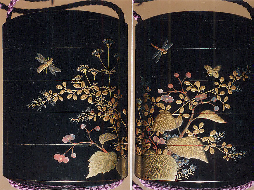 Case (Inrō) with Design of Wildflowers, Dragonflies and Bees, Lacquer, roiro, gold and coloured hiramakie, pink aogai; Interior: fundame, Japan