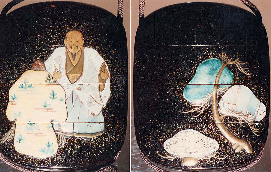 Case (Inrō) with Design of Old Man and Woman (Jo and Uba) and Pine Trees (from Noh Play "Takasago Spirits of the Pine"), Minsetsusai Kyuho (Japanese), Ceramic and mother-of-pearl inlays and gold maki-e on black lacquer
Ojime: porcelain with overglaze enamel design of maple leaves
Netsuke: porcelain with overglaze enamel design of maple leaves imitating Kenzan design, Japan 