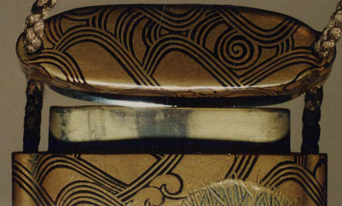 Case (Inrō) with Design of Boat Carrying Brushwood Bundles over Waves, Lacquer, fundame, gold and black hiramakie, raden, pewter inlay; Interior: fundame, Japan