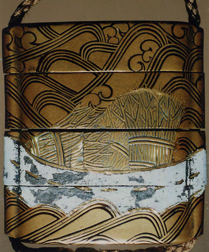 Case (Inrō) with Design of Boat Carrying Brushwood Bundles over Waves, Lacquer, fundame, gold and black hiramakie, raden, pewter inlay; Interior: fundame, Japan