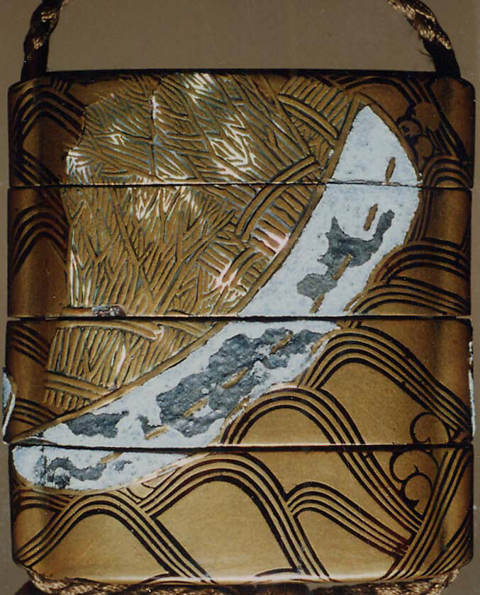 Case (Inrō) with Design of Boat Carrying Brushwood Bundles over Waves, Lacquer, fundame, gold and black hiramakie, raden, pewter inlay; Interior: fundame, Japan