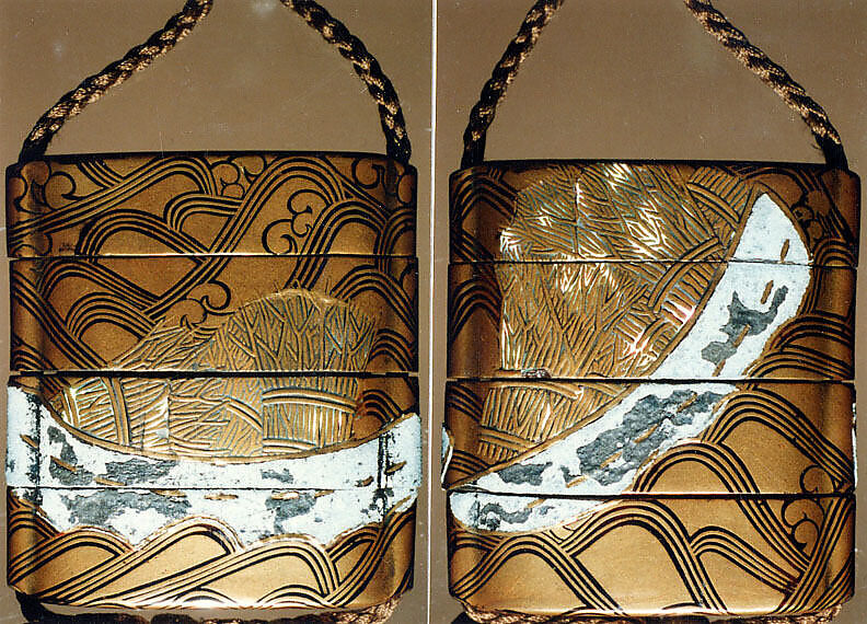 Case (Inrō) with Design of Boat Carrying Brushwood Bundles over Waves, Lacquer, fundame, gold and black hiramakie, raden, pewter inlay; Interior: fundame, Japan 