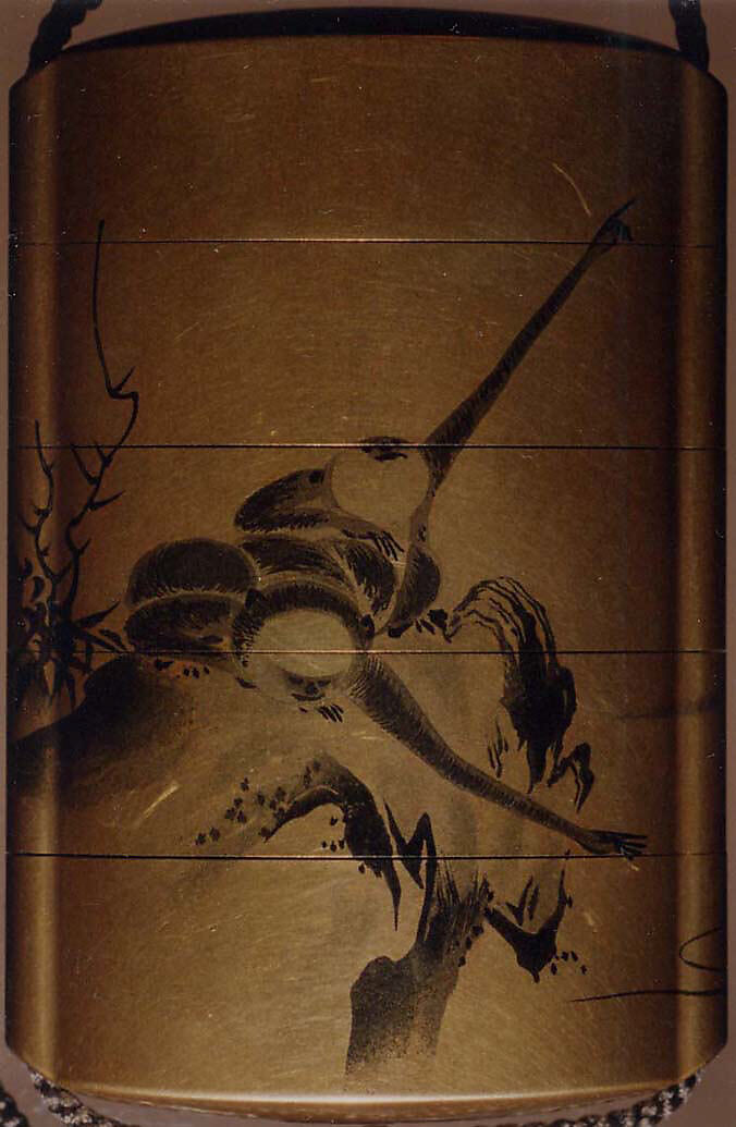 Inrō with Gibbons in a Landscape, Design by Kano Sukekiyo (1787–1840), Four cases; lacquered wood with togidashimaki-e imitating ink painting (togikirimaki-e) on gold lacquer groundNetsuke: ivory; monkey on horsebackOjime: bronze; monkey, Japan