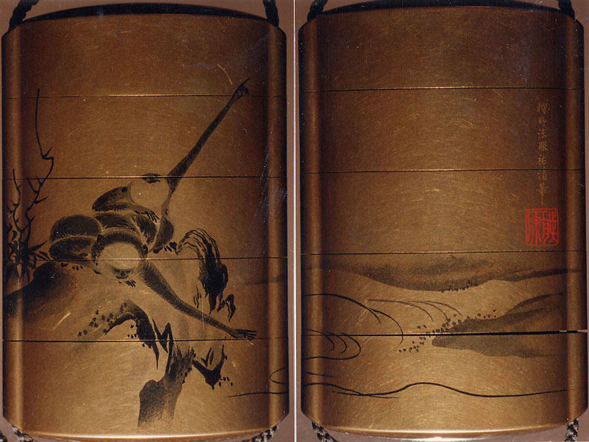 Inrō with Gibbons in a Landscape, Design by Kano Sukekiyo (1787–1840), Four cases; lacquered wood with togidashimaki-e imitating ink painting (togikirimaki-e) on gold lacquer groundNetsuke: ivory; monkey on horsebackOjime: bronze; monkey, Japan 