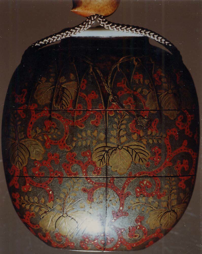 Case (Inrō) in Shape of Tea Caddy in Its Brocade Cover, Koma Kōryū (Japanese, died 1796), Lacquer, silver ground, gold, black and red togidashi, ivory lid; Interior: nashiji and fundame, Japan