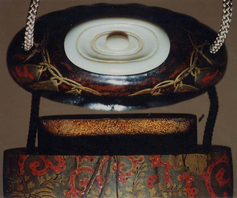 Case (Inrō) in Shape of Tea Caddy in Its Brocade Cover, Koma Kōryū (Japanese, died 1796), Lacquer, silver ground, gold, black and red togidashi, ivory lid; Interior: nashiji and fundame, Japan