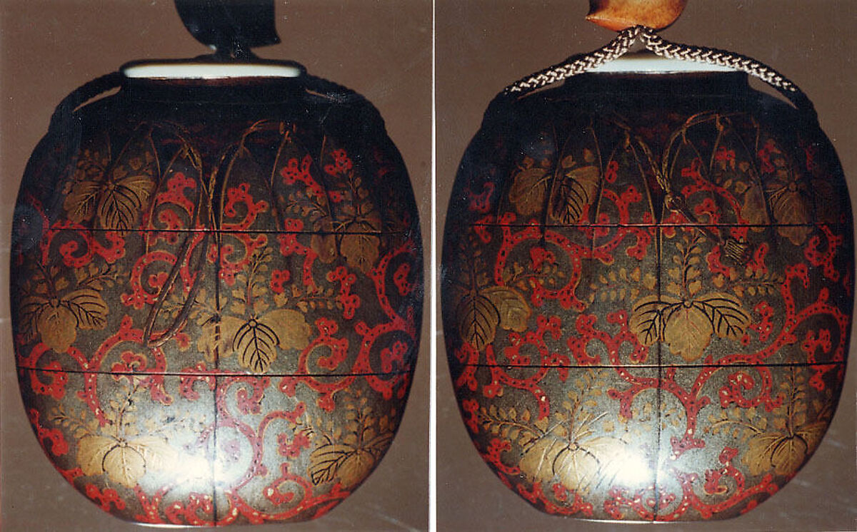 Case (Inrō) in Shape of Tea Caddy in Its Brocade Cover, Koma Kōryū (Japanese, died 1796), Lacquer, silver ground, gold, black and red togidashi, ivory lid; Interior: nashiji and fundame, Japan 