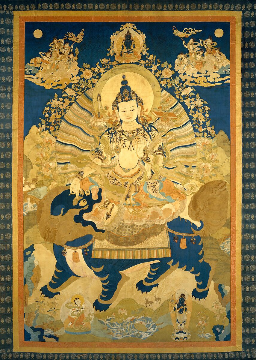 Manjushri, the Bodhisattva of Transcendent Wisdom, Applique of various Chinese silks, silvered and gilded leather shapes on silk satin ground; embellished with couched silk cord and embroidery, China