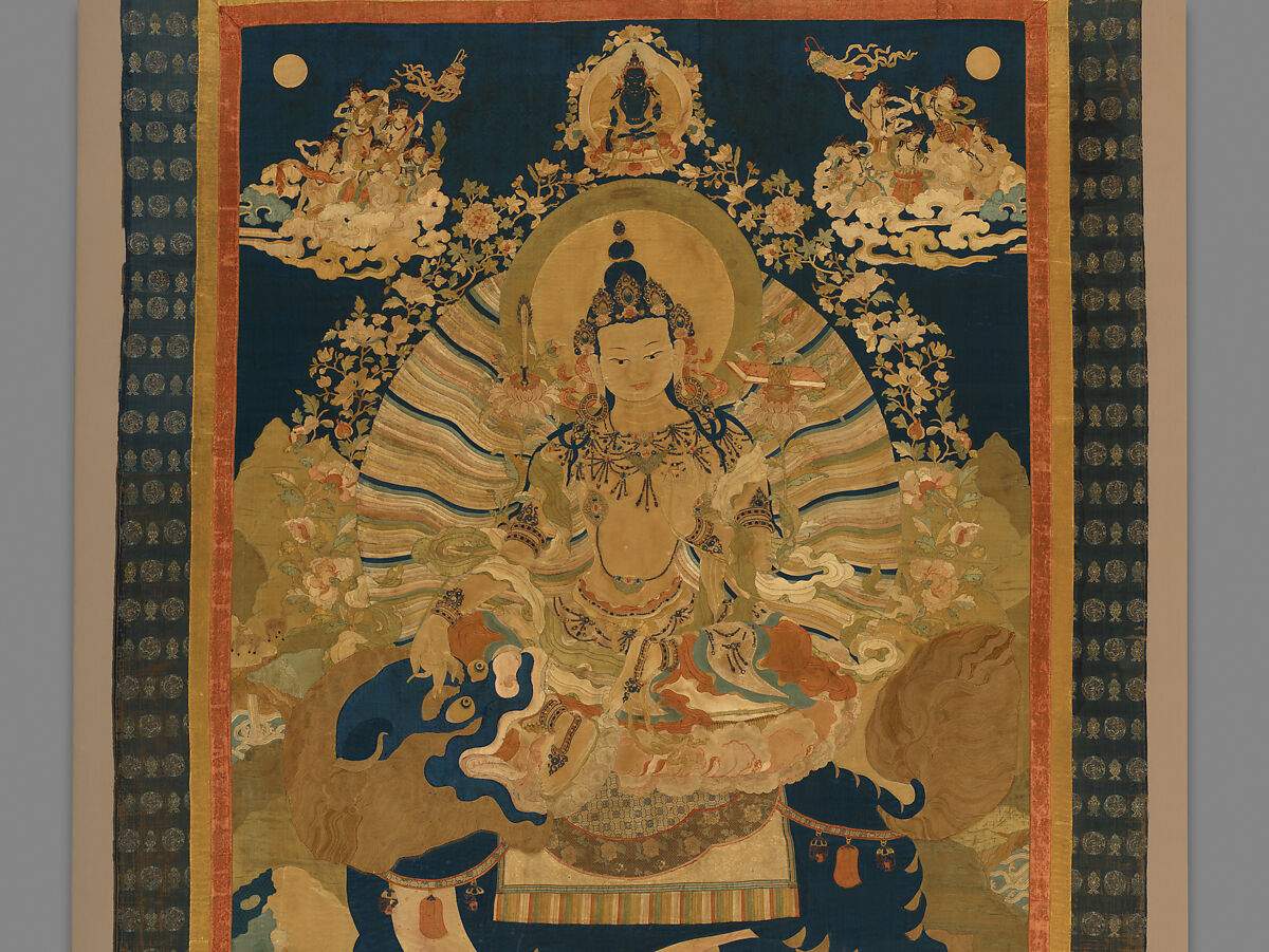 Manjushri, the Bodhisattva of Transcendent Wisdom, Silk appliqué with damask, satin, brocade, and leather substrate with silver finish and embroidery with silk cord, China