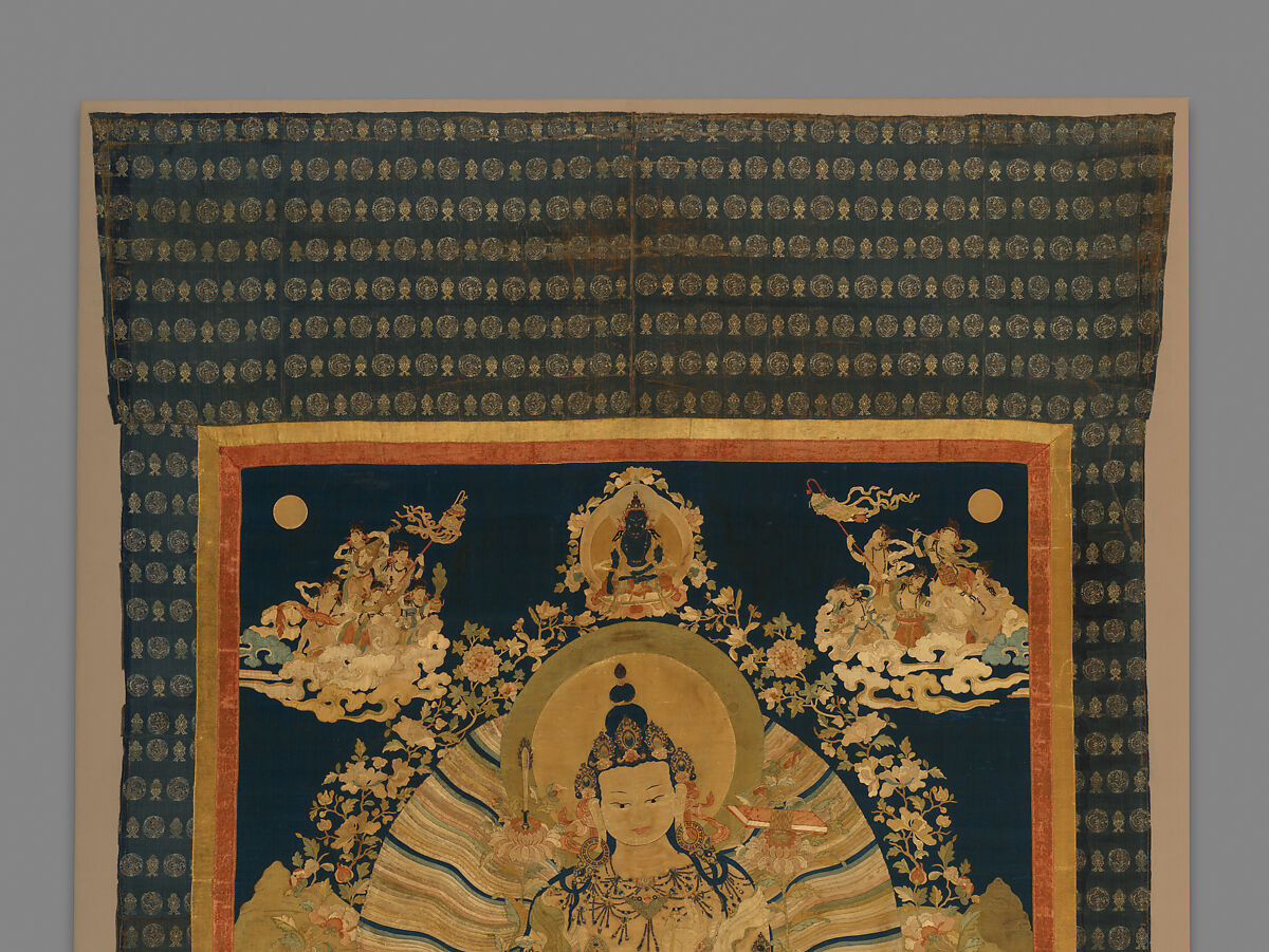 Manjushri, the Bodhisattva of Transcendent Wisdom, Silk appliqué with damask, satin, brocade, and leather substrate with silver finish and embroidery with silk cord, China