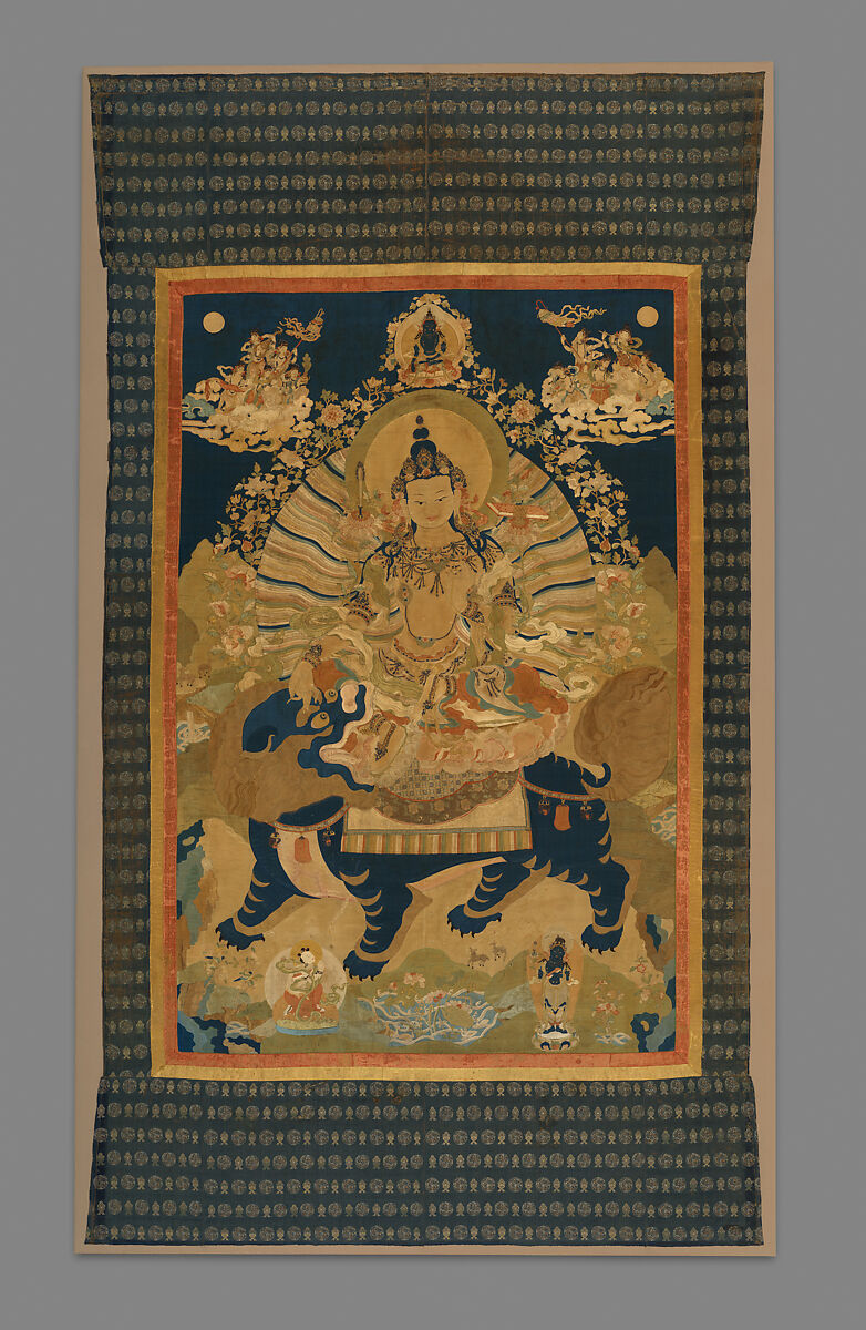 Manjushri, the Bodhisattva of Transcendent Wisdom, Silk appliqué with damask, satin, brocade, and leather substrate with silver finish and embroidery with silk cord, China