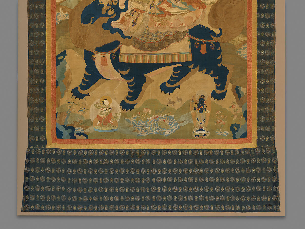 Manjushri, the Bodhisattva of Transcendent Wisdom, Silk appliqué with damask, satin, brocade, and leather substrate with silver finish and embroidery with silk cord, China