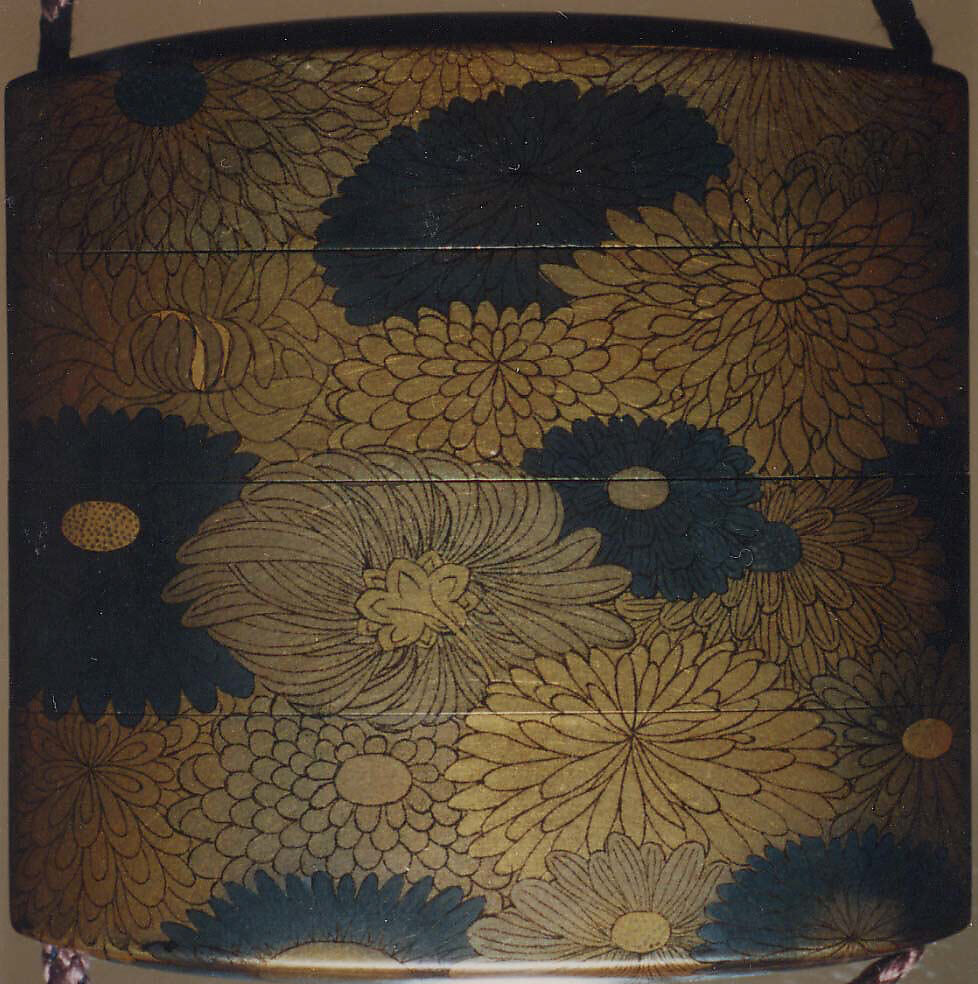 Inrō with Chrysanthemum Blossoms, Three cases; lacquered wood with gold, silver togidashimaki-e; Netsuke: wood with gold; silver maki-e birds; Ojime: cloisonné bead, Japan