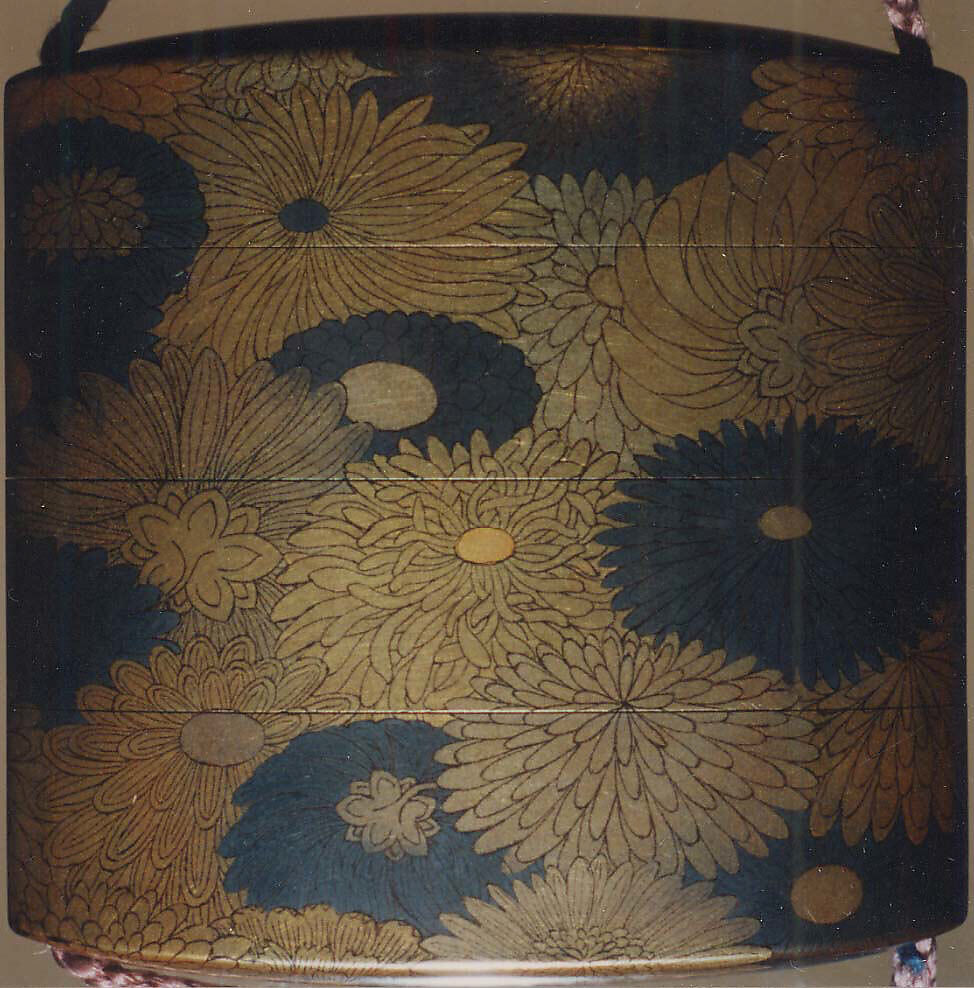 Inrō with Chrysanthemum Blossoms, Three cases; lacquered wood with gold, silver togidashimaki-e; Netsuke: wood with gold; silver maki-e birds; Ojime: cloisonné bead, Japan