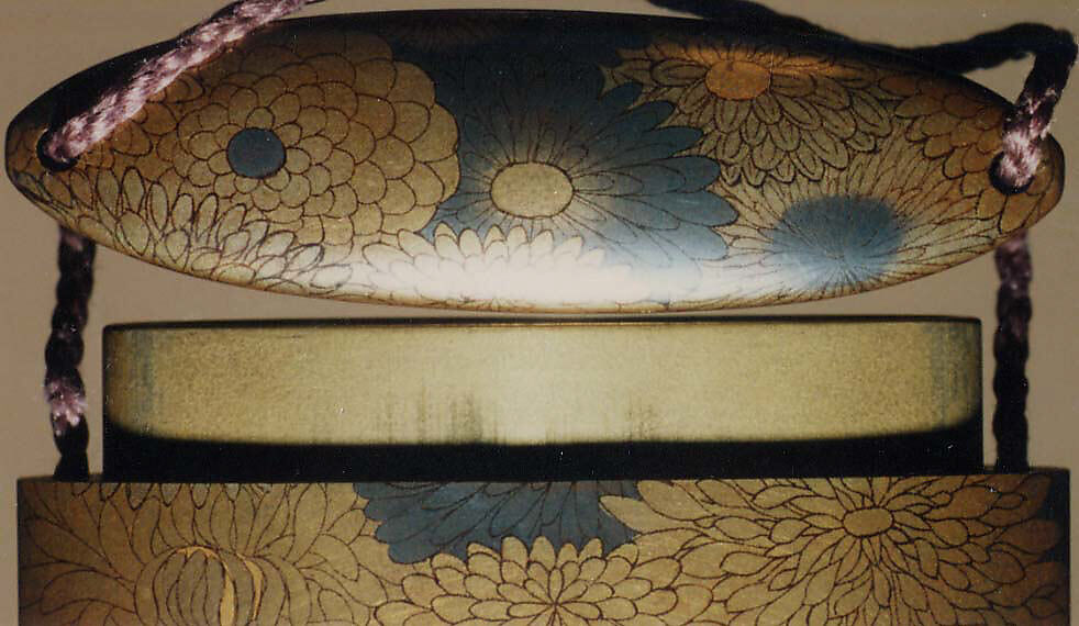 Inrō with Chrysanthemum Blossoms, Three cases; lacquered wood with gold, silver togidashimaki-e; Netsuke: wood with gold; silver maki-e birds; Ojime: cloisonné bead, Japan