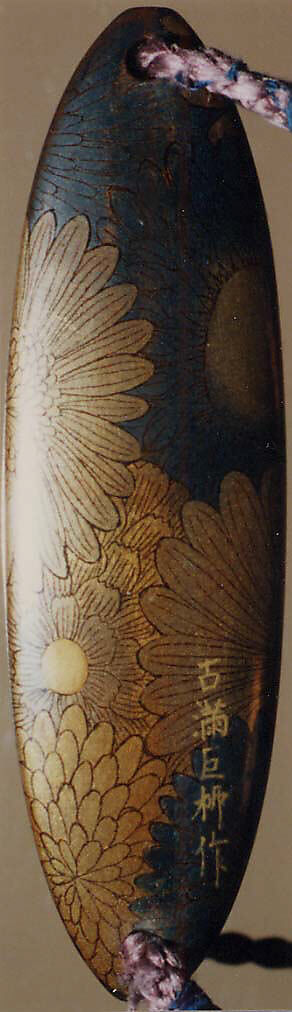 Inrō with Chrysanthemum Blossoms, Three cases; lacquered wood with gold, silver togidashimaki-e; Netsuke: wood with gold; silver maki-e birds; Ojime: cloisonné bead, Japan