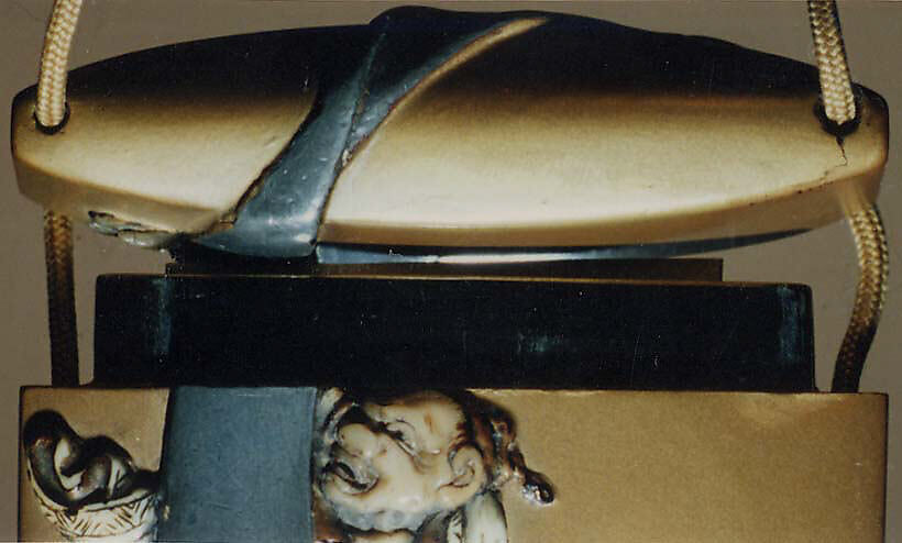 Case (Inrō) with Design of Kinkō Riding a Carp and Holding a Long Scroll, Lacquer, fundame, gold and red hiramakie, stained ivory, raden, metal inlay; Interior: roiro and fundame, Japan