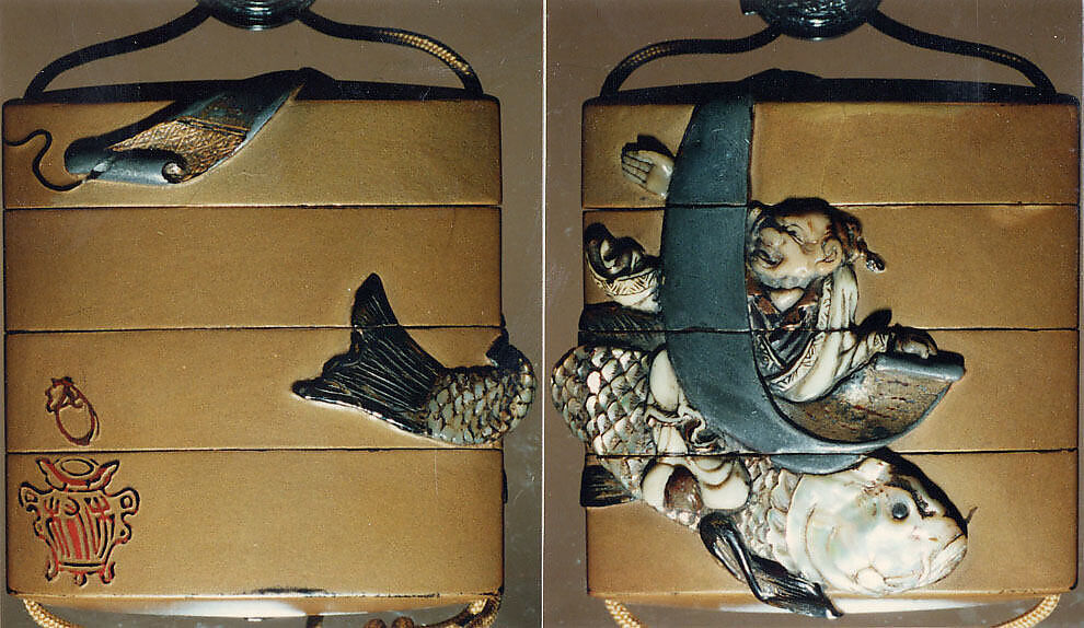 Case (Inrō) with Design of Kinkō Riding a Carp and Holding a Long Scroll, Lacquer, fundame, gold and red hiramakie, stained ivory, raden, metal inlay; Interior: roiro and fundame, Japan 