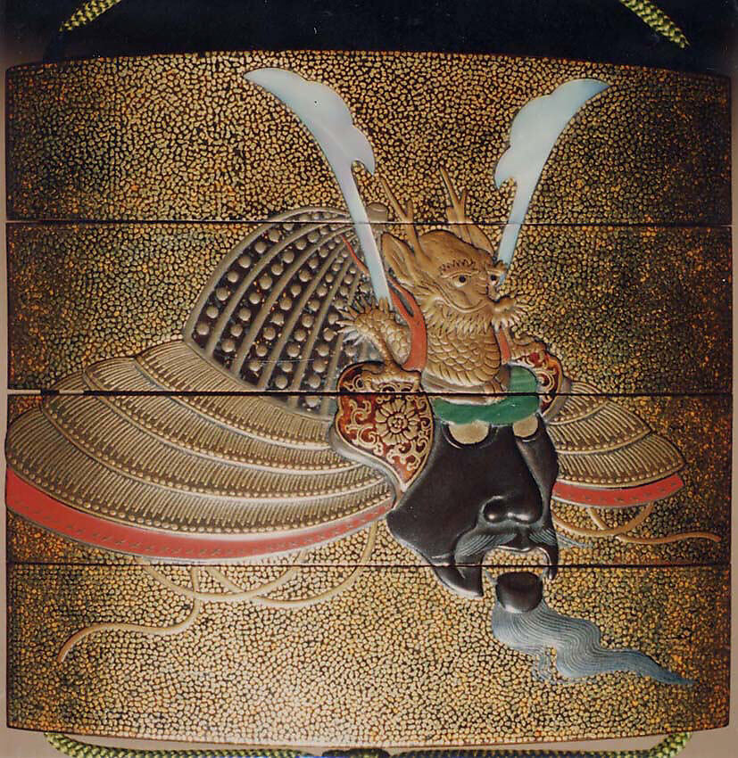 Case (Inrō) with Design of Samurai Helmet and Face Mask (obverse); Samurai Arm Guard and Silver Glove (reverse), Lacquer, hirame ground, gold, red, silver and brown hiramakie, raden inlay; Interior: nashiji and fundame, Japan