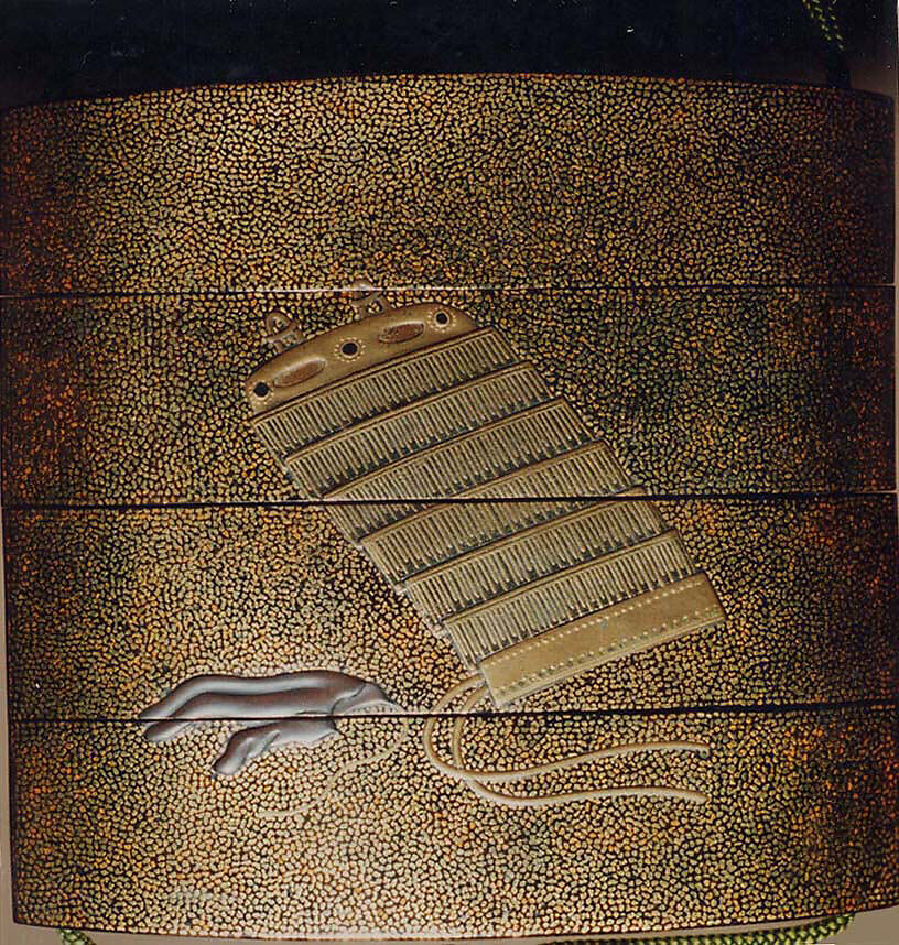 Case (Inrō) with Design of Samurai Helmet and Face Mask (obverse); Samurai Arm Guard and Silver Glove (reverse), Lacquer, hirame ground, gold, red, silver and brown hiramakie, raden inlay; Interior: nashiji and fundame, Japan