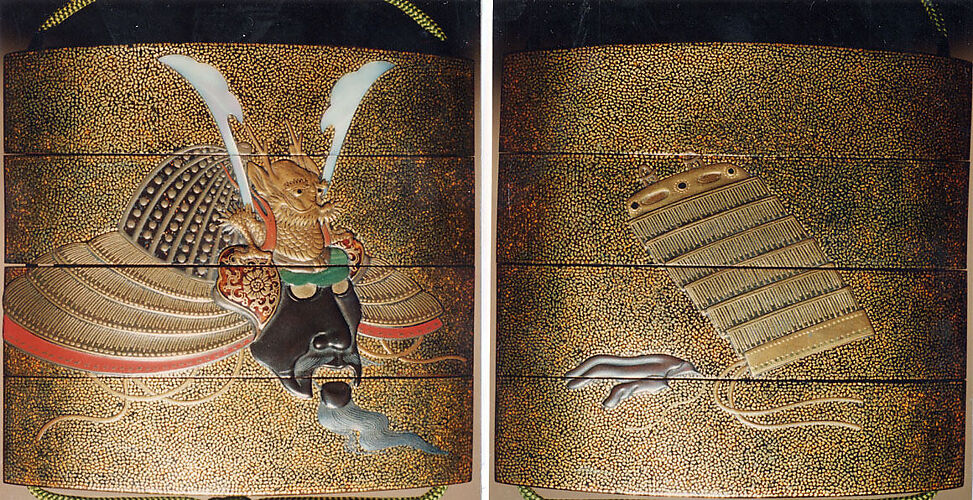 Case (Inrō) with Design of Samurai Helmet and Face Mask (obverse); Samurai Arm Guard and Silver Glove (reverse)