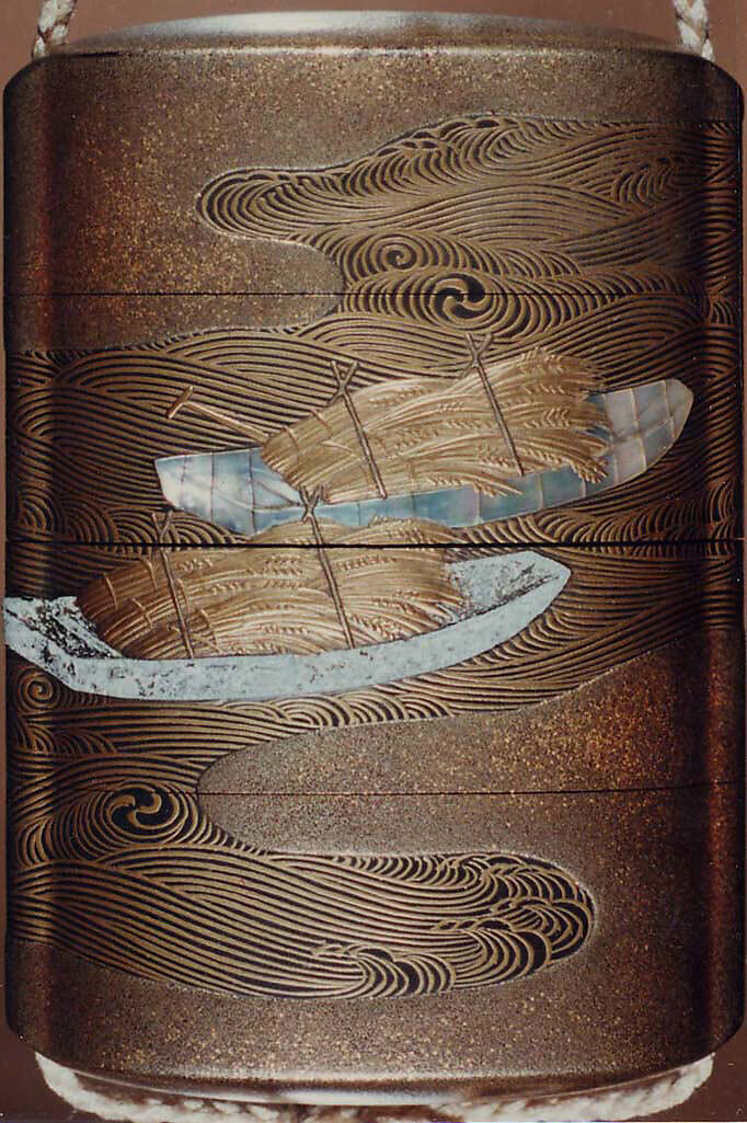 Case (Inrō) with Design of Sheaves of Rice in Boats, Koma School (Japanese), Gold maki-e with mother-of-pearl inlay and black lacquer 
Ojime: ivory 
Netsuke: carved bone with moon and goose, Japan