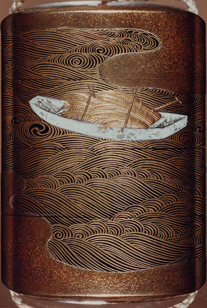 Case (Inrō) with Design of Sheaves of Rice in Boats, Koma School (Japanese), Gold maki-e with mother-of-pearl inlay and black lacquer 
Ojime: ivory 
Netsuke: carved bone with moon and goose, Japan