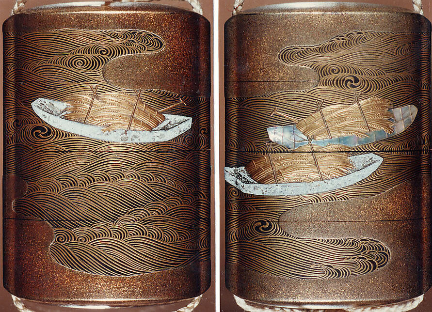 Case (Inrō) with Design of Sheaves of Rice in Boats, Koma School (Japanese), Gold maki-e with mother-of-pearl inlay and black lacquer 
Ojime: ivory 
Netsuke: carved bone with moon and goose, Japan 