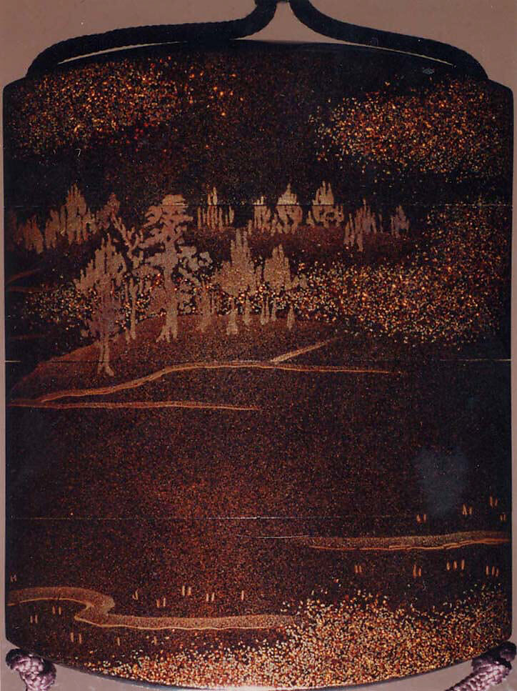 Case (Inrō) with Design of Bird in Flight above Rice Fields (obverse); Trees and Clouds (reverse), Hogen Eisen, Lacquer, dark brown and nashiji, gold and silver togidashi; Interior: nashiji and fundame, Japan