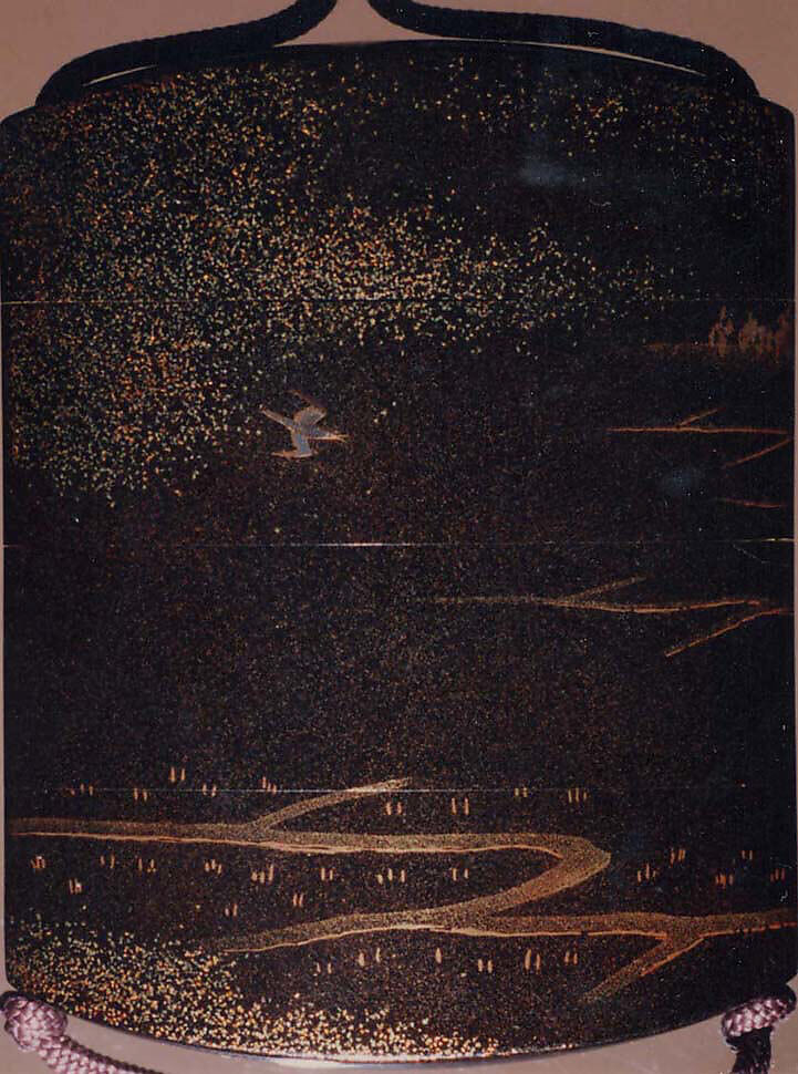 Case (Inrō) with Design of Bird in Flight above Rice Fields (obverse); Trees and Clouds (reverse), Hogen Eisen, Lacquer, dark brown and nashiji, gold and silver togidashi; Interior: nashiji and fundame, Japan
