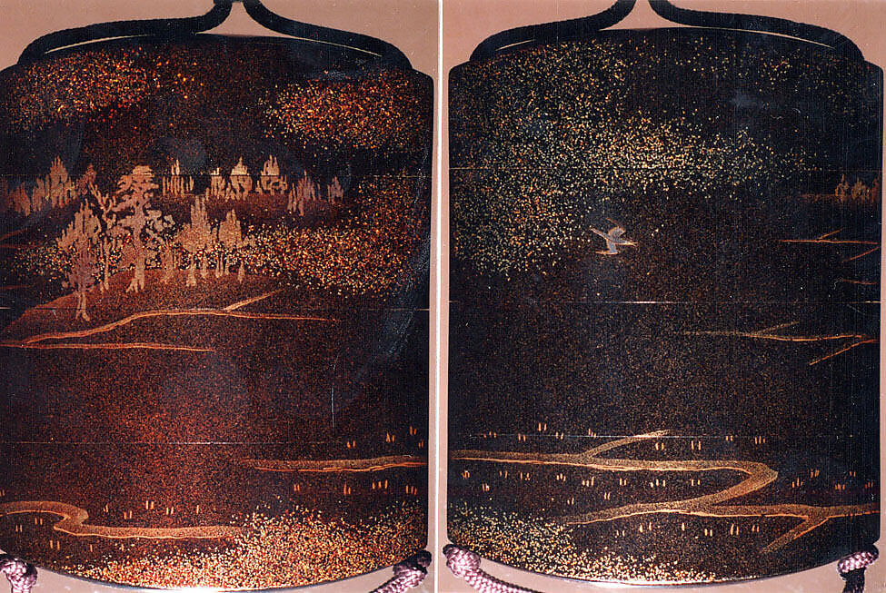Case (Inrō) with Design of Bird in Flight above Rice Fields (obverse); Trees and Clouds (reverse), Hogen Eisen, Lacquer, dark brown and nashiji, gold and silver togidashi; Interior: nashiji and fundame, Japan 