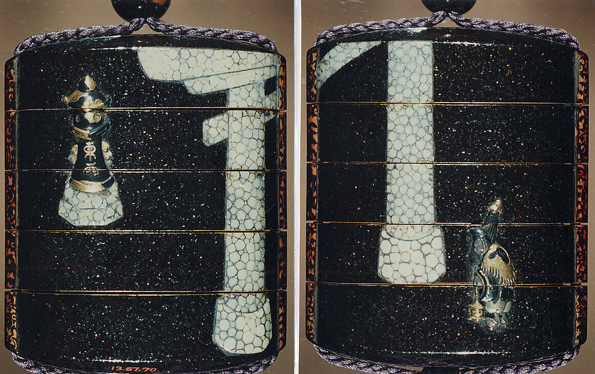 Case (Inrō) with Design of Person with Umbrella and Lantern Approaching Shrine Gate (Torii), Lacquer, aogai nashiji, same, metal inlay, roiro and gold hiramakie; Interior: roiro and fundame, Japan