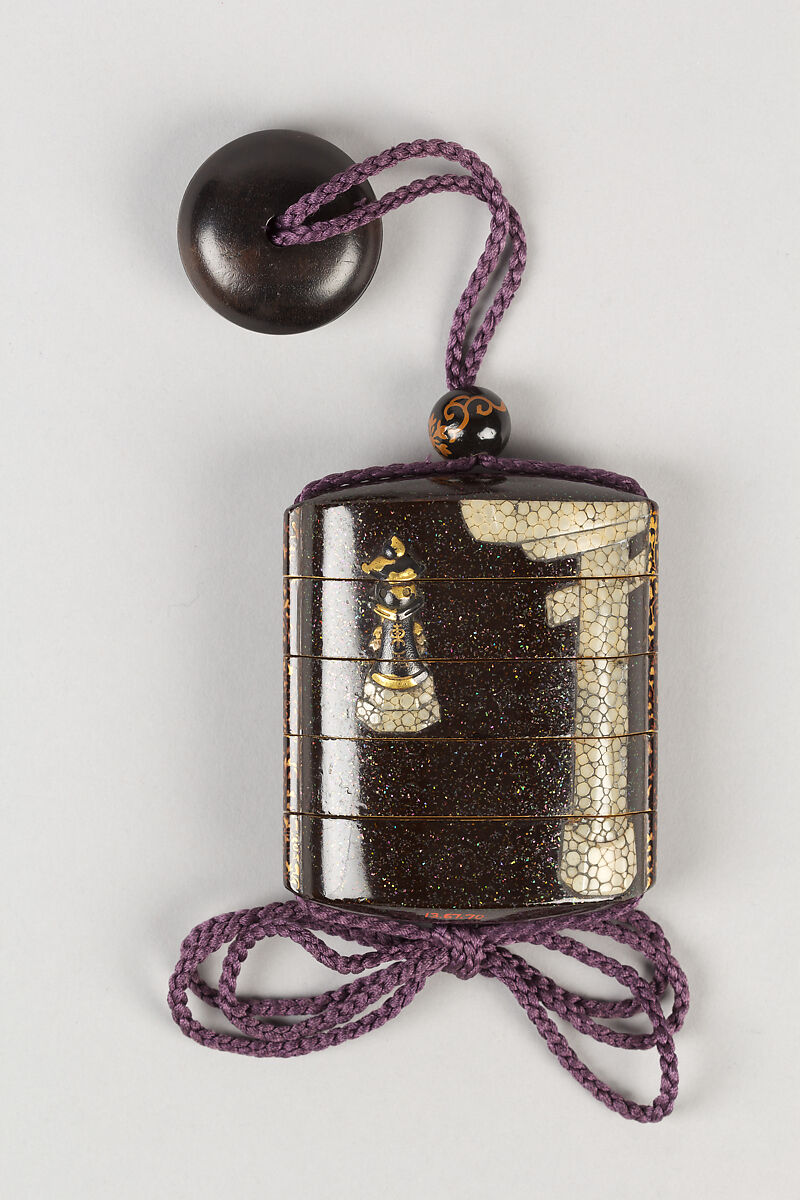 Case (Inrō) with Design of Person with Umbrella and Lantern Approaching Shrine Gate (Torii), Lacquer, aogai nashiji, same, metal inlay, roiro and gold hiramakie; Interior: roiro and fundame, Japan