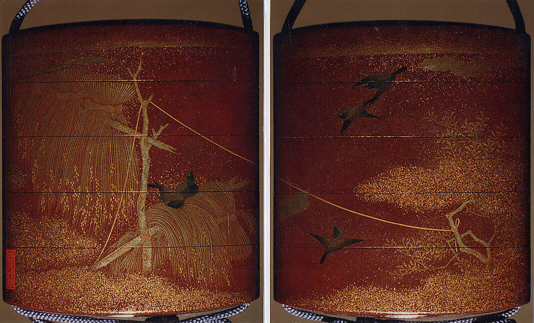 Case (Inrō) with Design of Birds in Flight and Seated beside Rice Sheaves, Lacquer, brown, nashiji, gold, black and red togidashi; Interior: nashiji and fundame, Japan 