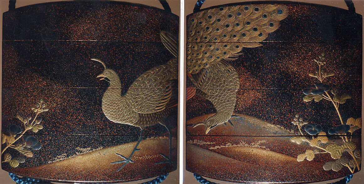 Case (Inrō) with Design of Peacock and Pea Hen beside Flowering Malvern Plants, Lacquer, roiro, nashiji, gold, silver and black hiramakie, takamakie, aogai; Interior: nashiji and fundame, Japan 