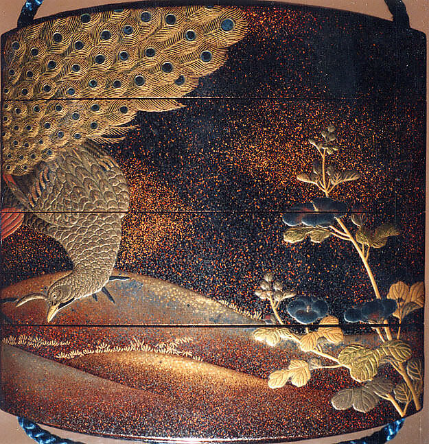 Case (Inrō) with Design of Peacock and Pea Hen beside Flowering Malvern Plants, Lacquer, roiro, nashiji, gold, silver and black hiramakie, takamakie, aogai; Interior: nashiji and fundame, Japan
