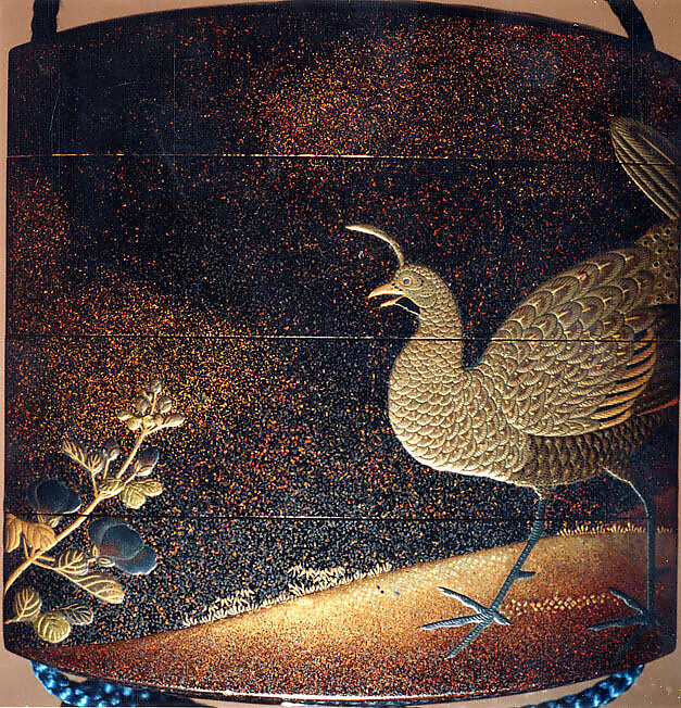 Case (Inrō) with Design of Peacock and Pea Hen beside Flowering Malvern Plants, Lacquer, roiro, nashiji, gold, silver and black hiramakie, takamakie, aogai; Interior: nashiji and fundame, Japan