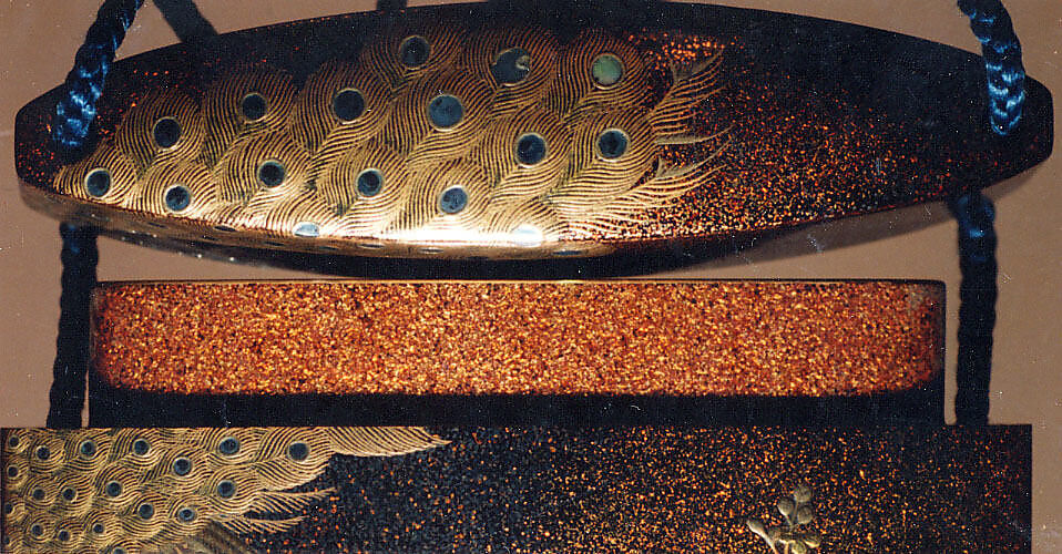 Case (Inrō) with Design of Peacock and Pea Hen beside Flowering Malvern Plants, Lacquer, roiro, nashiji, gold, silver and black hiramakie, takamakie, aogai; Interior: nashiji and fundame, Japan