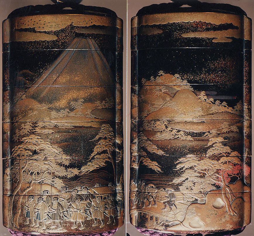 Case (Inrō) with Depiction of Daimyō Procession at the Foot of Mount Fuji, Gyokuzan (1737–1812), Lacquer, roiro, gold and colored hiramakie, takamakie, kirigane, nashiji; Interior: nashiji and fundame, Japan 